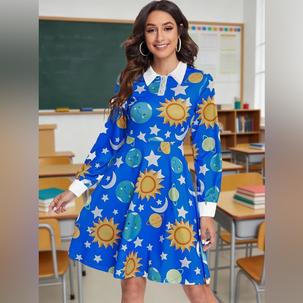 Ms. Frizzle Blue Sun and Moon Pattern Dress